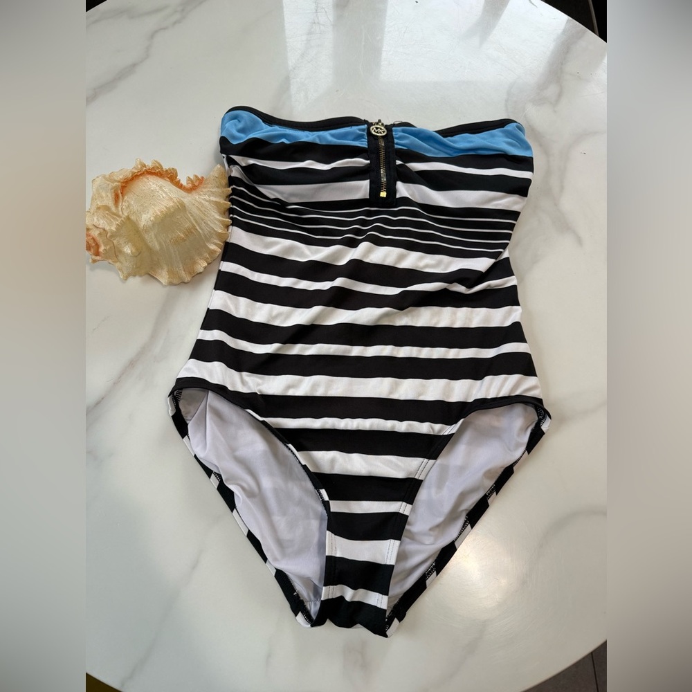 MICHAEL Michael Kors Black and White Striped One-Piece with Blue Trim